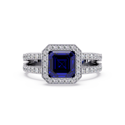 2.5 CTW Emerald-Cut Double-Halo Pavé Colorstone Ring SB White Gold