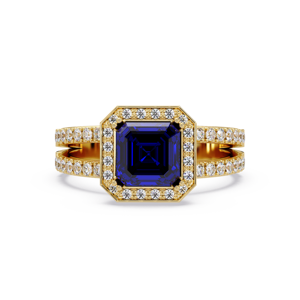2.5 CTW Emerald-Cut Double-Halo Pavé Colorstone Ring SB Yellow Gold