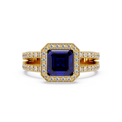 2.5 CTW Emerald-Cut Double-Halo Pavé Colorstone Ring SB Yellow Gold