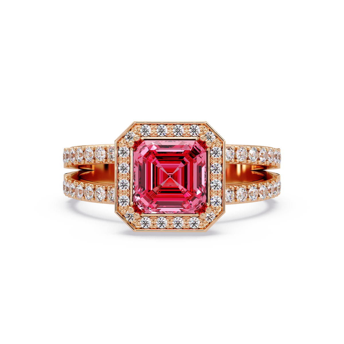 2.5 CTW Emerald-Cut Double-Halo Pavé Colorstone Ring TP Rose Gold
