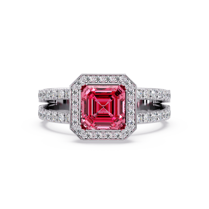 2.5 CTW Emerald-Cut Double-Halo Pavé Colorstone Ring TP White Gold