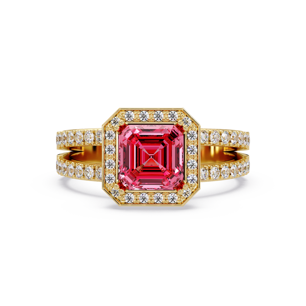 2.5 CTW Emerald-Cut Double-Halo Pavé Colorstone Ring TP Yellow Gold