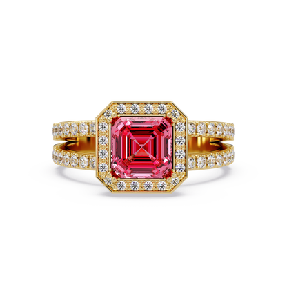 2.5 CTW Emerald-Cut Double-Halo Pavé Colorstone Ring TP Yellow Gold