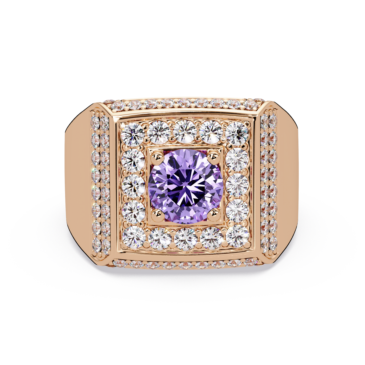 2.0 CTW Round Colorstone Diamond Halo Men's Signet Ring with Amethyst Purple in Rose Gold – Lunéa Paris