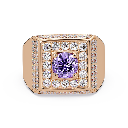 2.0 CTW Round Colorstone Diamond Halo Men's Signet Ring with Amethyst Purple in Rose Gold – Lunéa Paris