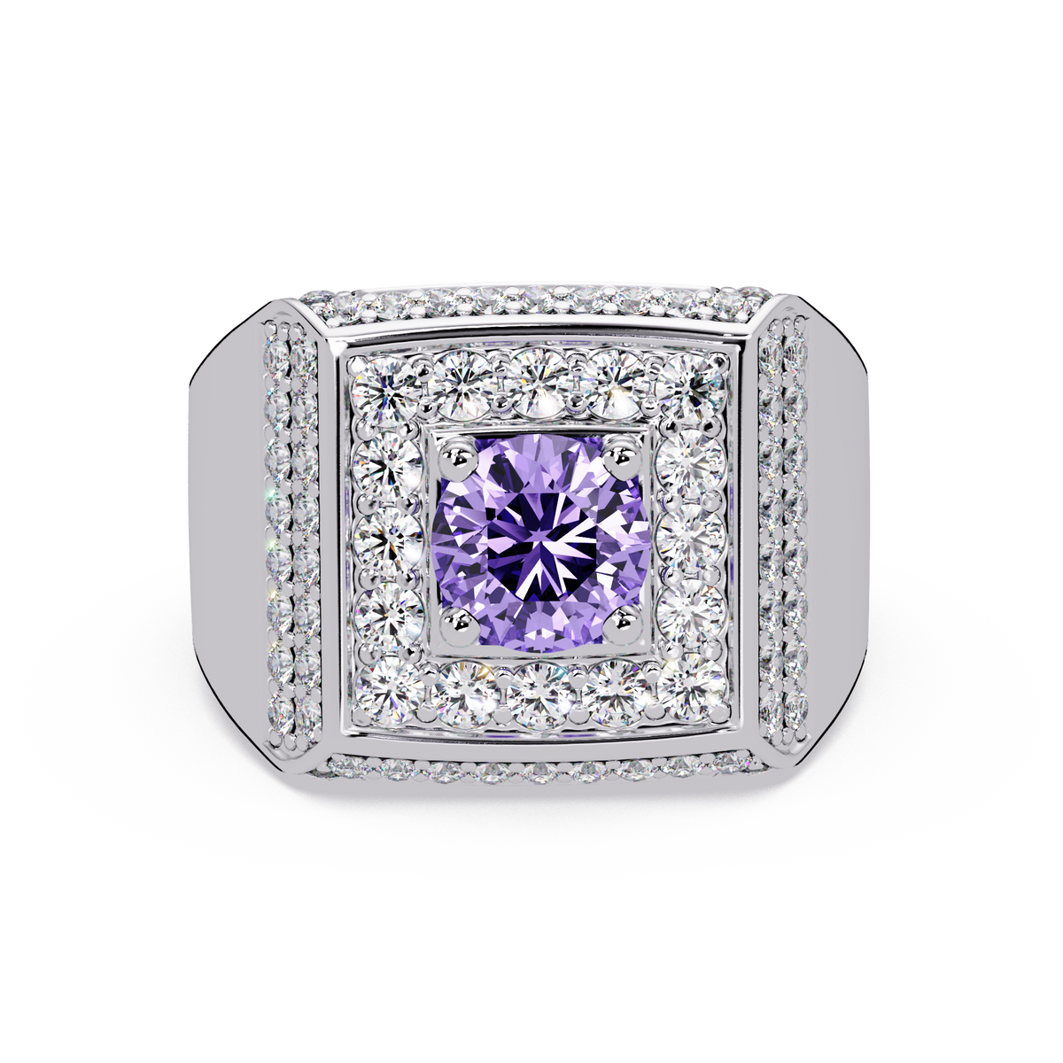 2.0 CTW Round Colorstone Diamond Halo Men's Signet Ring with Amethyst Purple in White Gold – Lunéa Paris