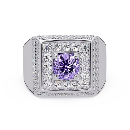 2.0 CTW Round Colorstone Diamond Halo Men's Signet Ring with Amethyst Purple in White Gold – Lunéa Paris