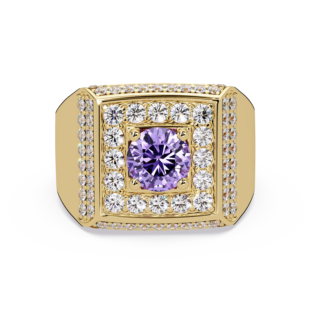 2.0 CTW Round Colorstone Diamond Halo Men's Signet Ring with Amethyst Purple in Yellow Gold – Lunéa Paris