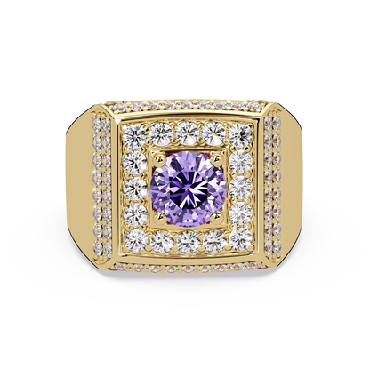 2.0 CTW Round Colorstone Diamond Halo Men's Signet Ring with Amethyst Purple in Yellow Gold – Lunéa Paris