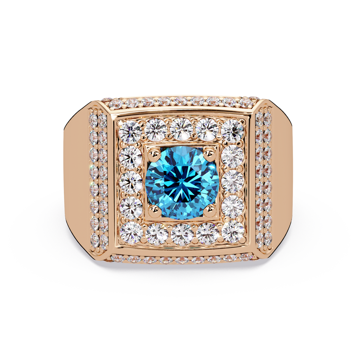 2.0 CTW Round Colorstone Diamond Halo Men's Signet Ring with Aquamarine Blue in Rose Gold – Lunéa Paris