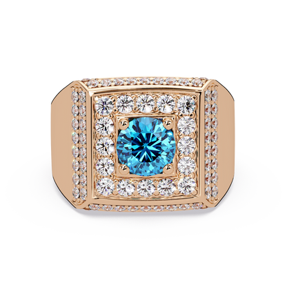 2.0 CTW Round Colorstone Diamond Halo Men's Signet Ring with Aquamarine Blue in Rose Gold – Lunéa Paris
