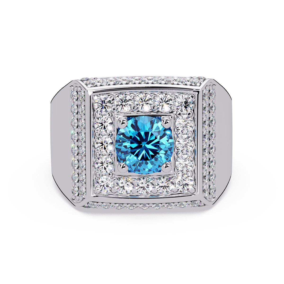 2.0 CTW Round Colorstone Diamond Halo Men's Signet Ring with Aquamarine Blue in White Gold – Lunéa Paris