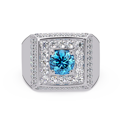 2.0 CTW Round Colorstone Diamond Halo Men's Signet Ring with Aquamarine Blue in White Gold – Lunéa Paris