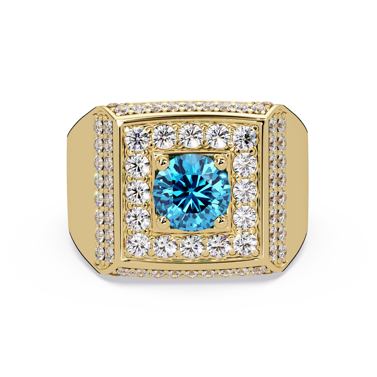 2.0 CTW Round Colorstone Diamond Halo Men's Signet Ring with Aquamarine Blue in Yellow Gold – Lunéa Paris