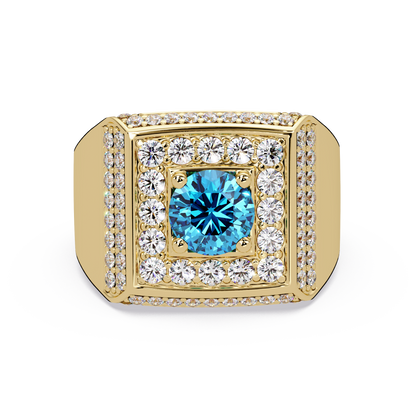 2.0 CTW Round Colorstone Diamond Halo Men's Signet Ring with Aquamarine Blue in Yellow Gold – Lunéa Paris