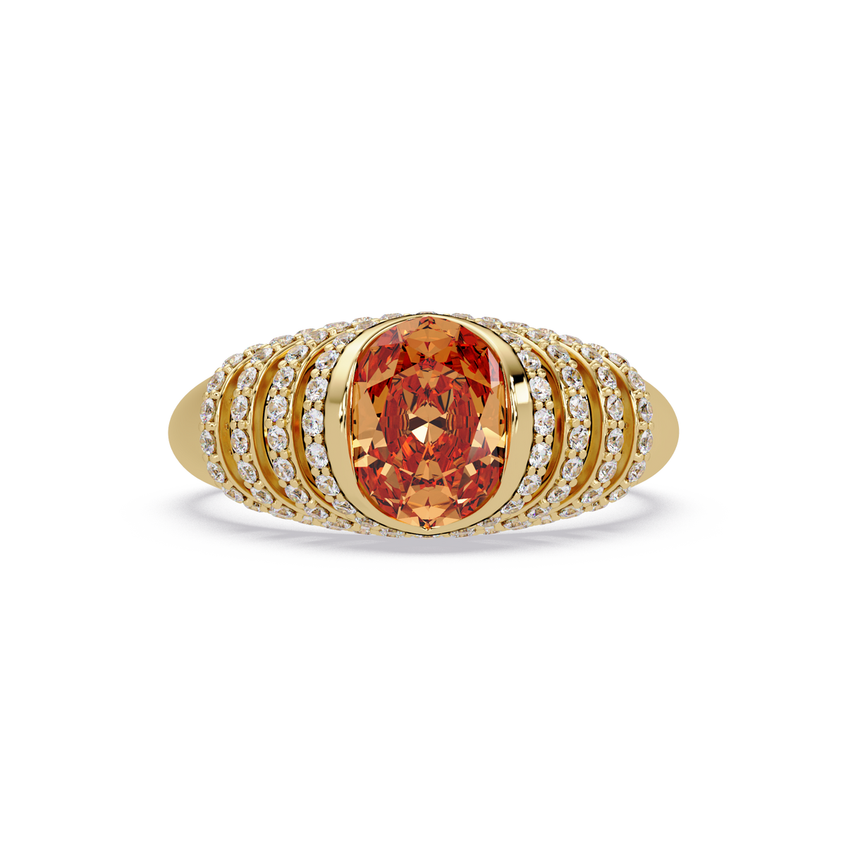 CAD-040 oval bezel multi-row pavé colorstone ring CT 14K Yellow Gold