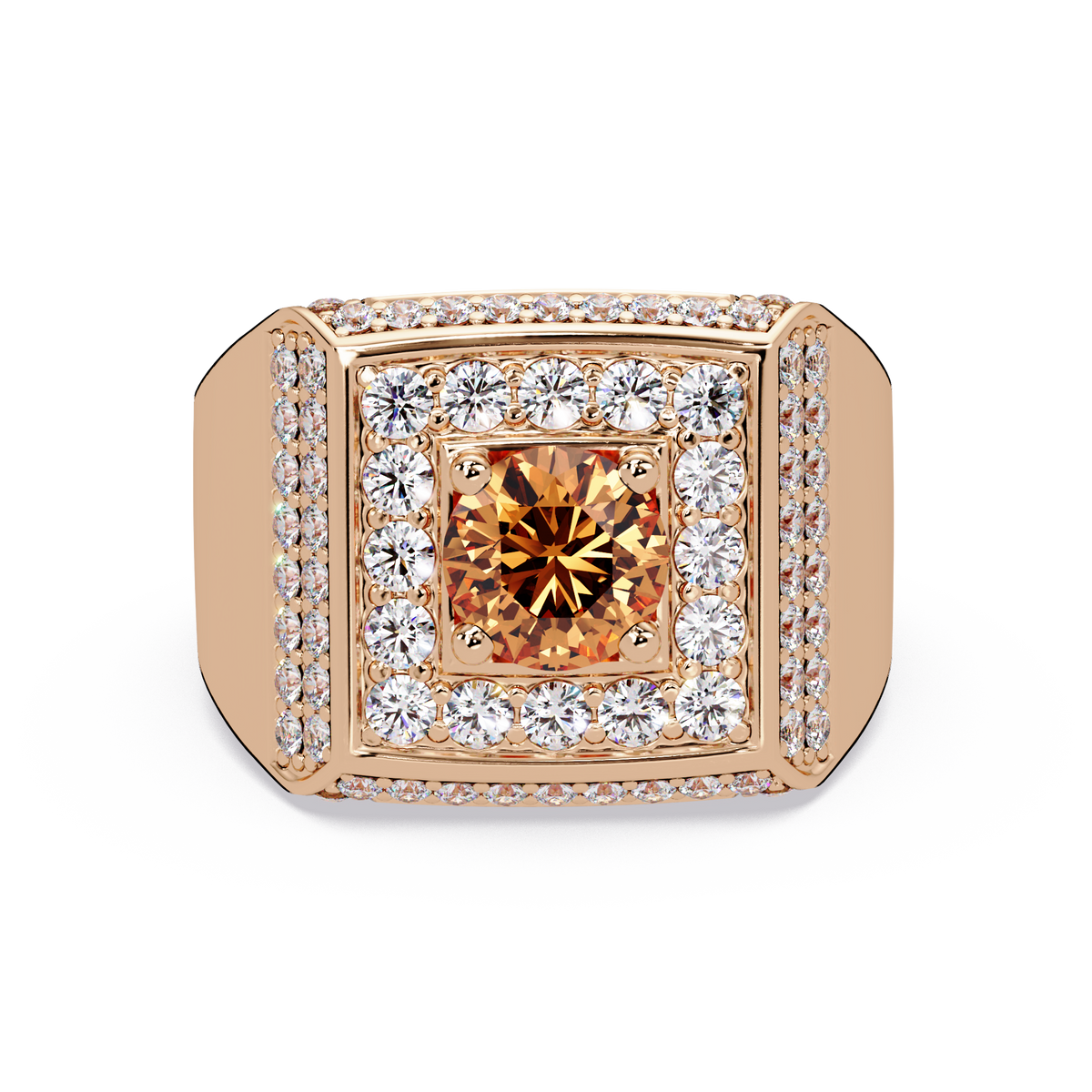 2.0 CTW Round Colorstone Diamond Halo Men's Signet Ring with Champagne Topaz in Rose Gold – Lunéa Paris