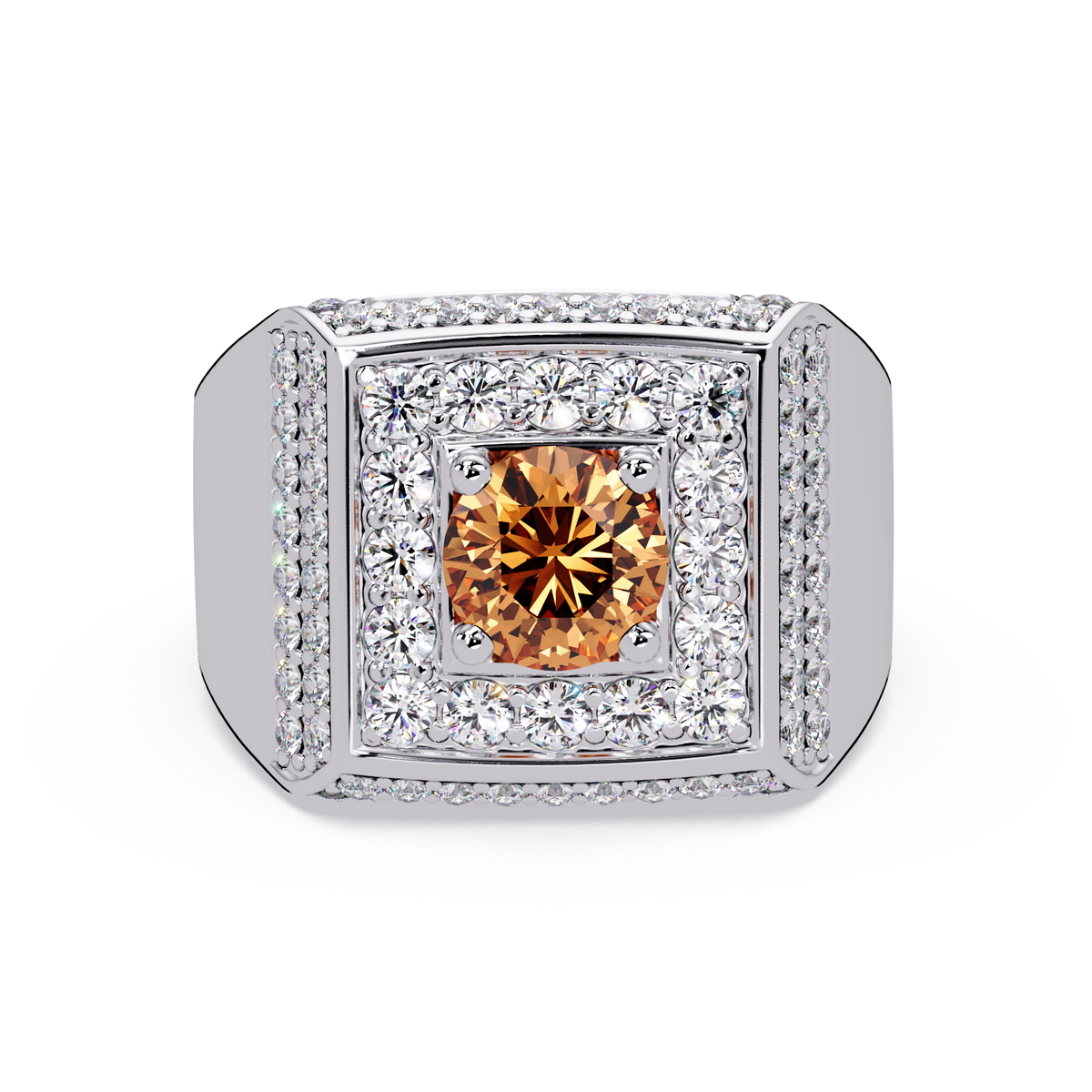 2.0 CTW Round Colorstone Diamond Halo Men's Signet Ring with Champagne Topaz in White Gold – Lunéa Paris