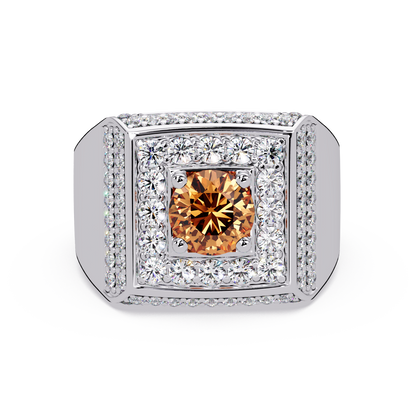 2.0 CTW Round Colorstone Diamond Halo Men's Signet Ring with Champagne Topaz in White Gold – Lunéa Paris