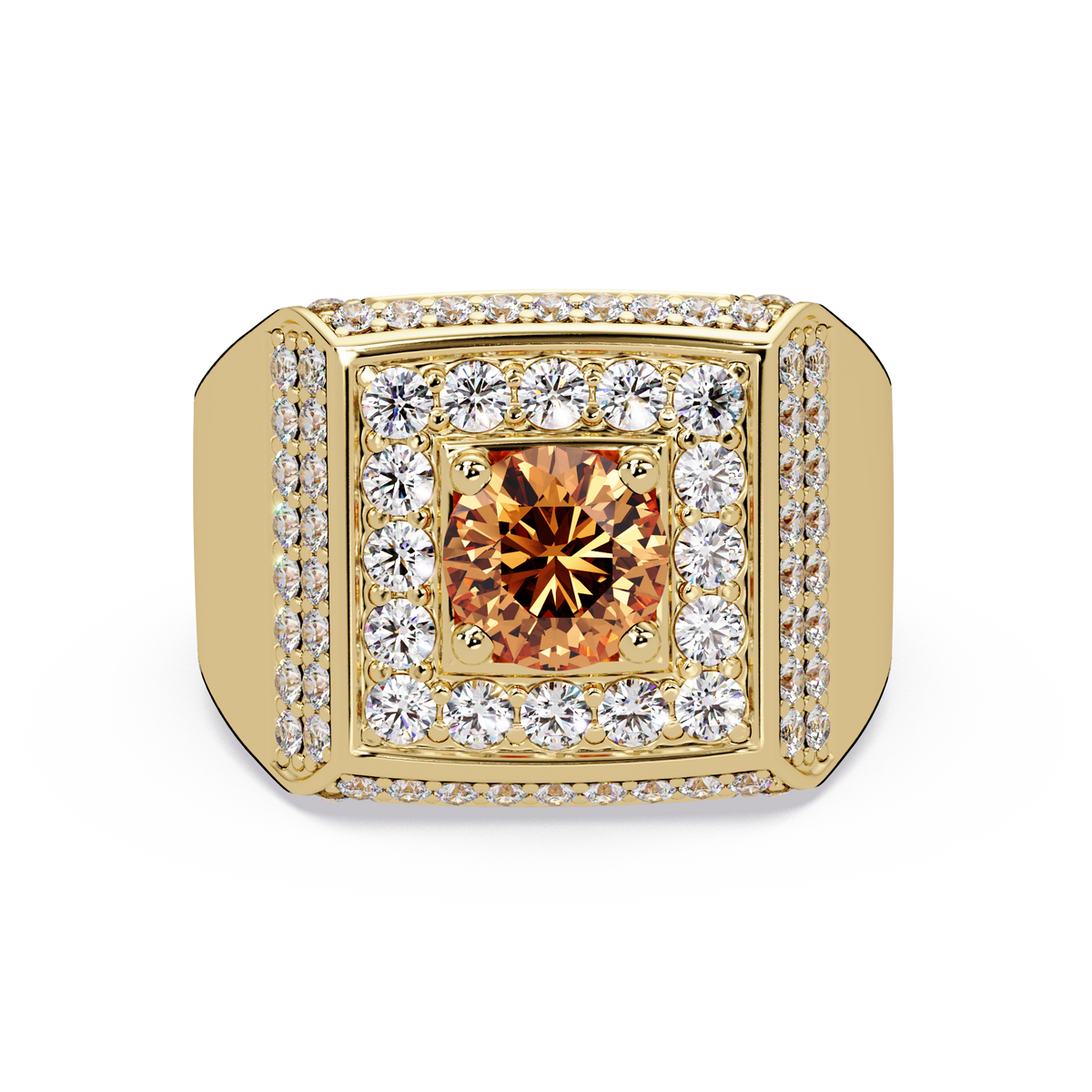 2.0 CTW Round Colorstone Diamond Halo Men's Signet Ring with Champagne Topaz in Yellow Gold – Lunéa Paris