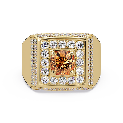 2.0 CTW Round Colorstone Diamond Halo Men's Signet Ring with Champagne Topaz in Yellow Gold – Lunéa Paris