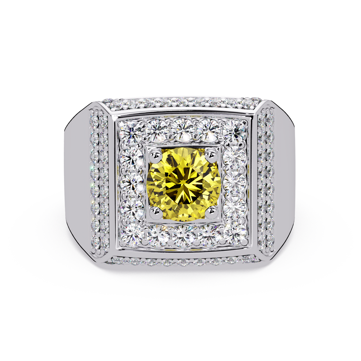 2.0 CTW Round Colorstone Diamond Halo Men's Signet Ring with Citrine Yellow in White Gold – Lunéa Paris