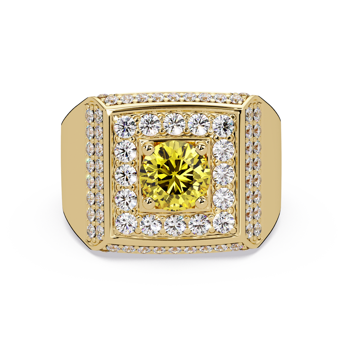2.0 CTW Round Colorstone Diamond Halo Men's Signet Ring with Citrine Yellow in Yellow Gold – Lunéa Paris