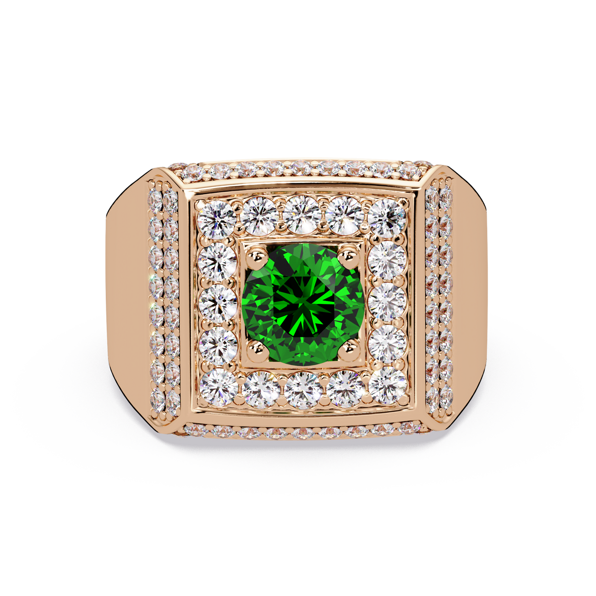 2.0 CTW Round Colorstone Diamond Halo Men's Signet Ring with Emerald Green in Rose Gold – Lunéa Paris