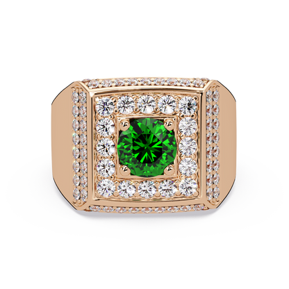 2.0 CTW Round Colorstone Diamond Halo Men's Signet Ring with Emerald Green in Rose Gold – Lunéa Paris
