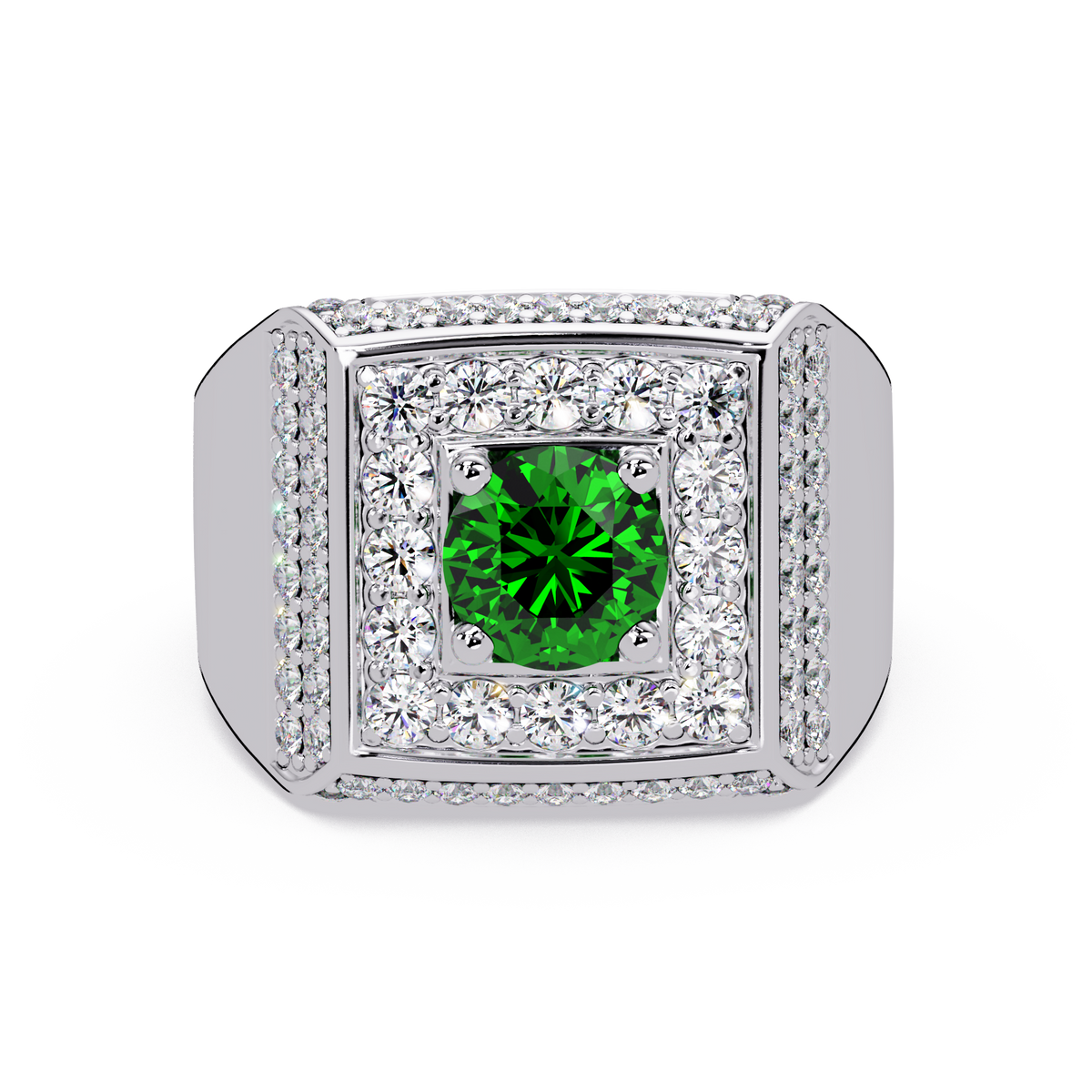 2.0 CTW Round Colorstone Diamond Halo Men's Signet Ring with Emerald Green in White Gold – Lunéa Paris
