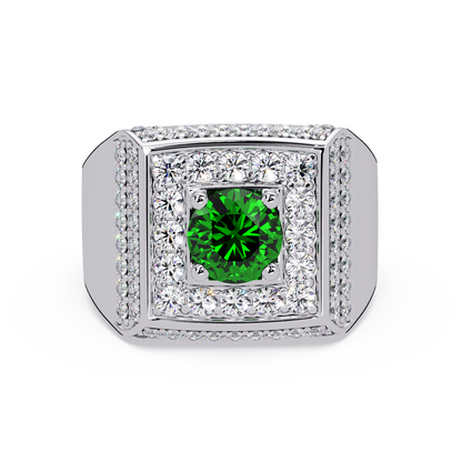 2.0 CTW Round Colorstone Diamond Halo Men's Signet Ring with Emerald Green in White Gold – Lunéa Paris