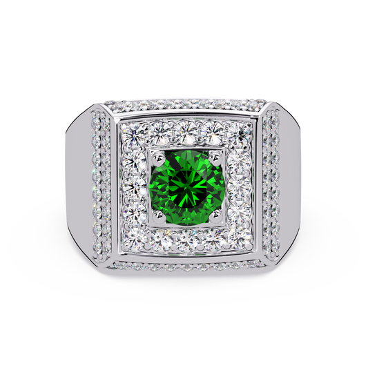 2.0 CTW Round Colorstone Diamond Halo Men's Signet Ring with Emerald Green in White Gold – Lunéa Paris