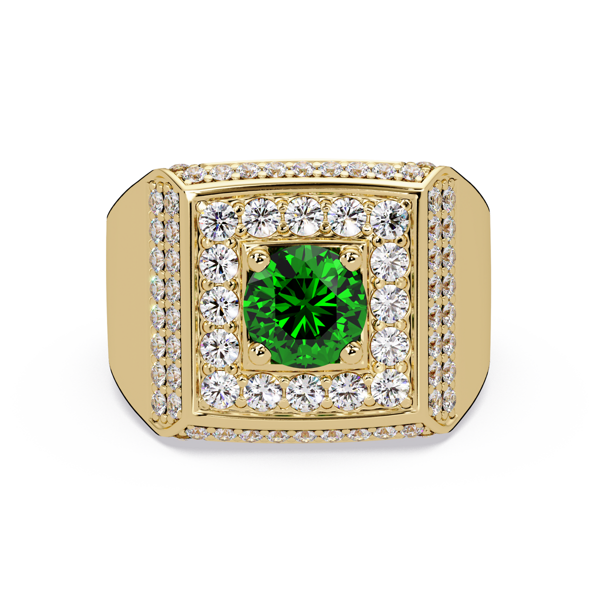 2.0 CTW Round Colorstone Diamond Halo Men's Signet Ring with Emerald Green in Yellow Gold – Lunéa Paris