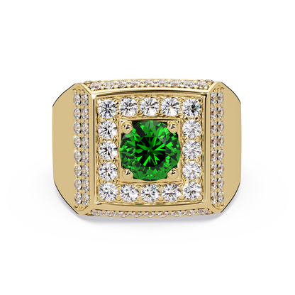 2.0 CTW Round Colorstone Diamond Halo Men's Signet Ring with Emerald Green in Yellow Gold – Lunéa Paris