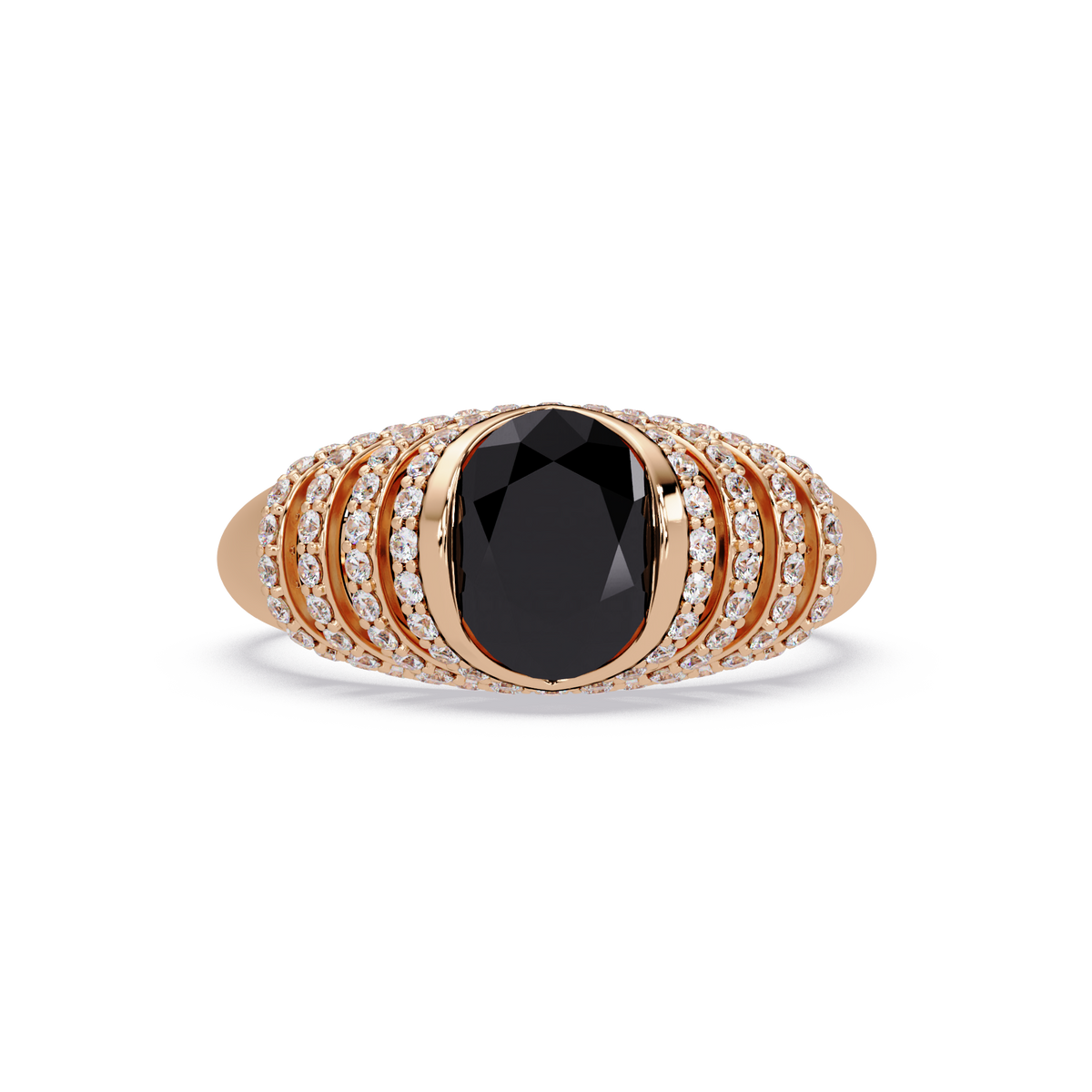 CAD-040 oval bezel multi-row pavé colorstone ring ON 14K Rose Gold