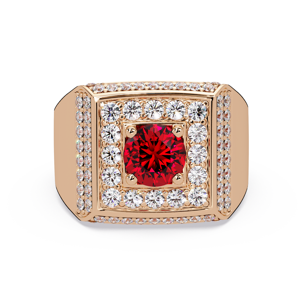 2.0 CTW Round Colorstone Diamond Halo Men's Signet Ring with Ruby Red in Rose Gold – Lunéa Paris