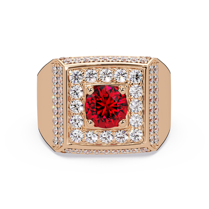 2.0 CTW Round Colorstone Diamond Halo Men's Signet Ring with Ruby Red in Rose Gold – Lunéa Paris