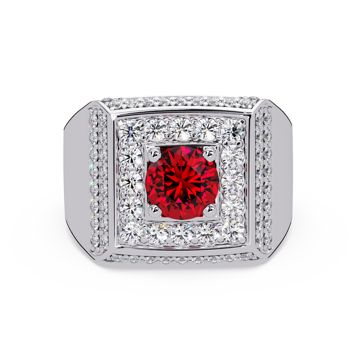 2.0 CTW Round Colorstone Diamond Halo Men's Signet Ring with Ruby Red in White Gold – Lunéa Paris