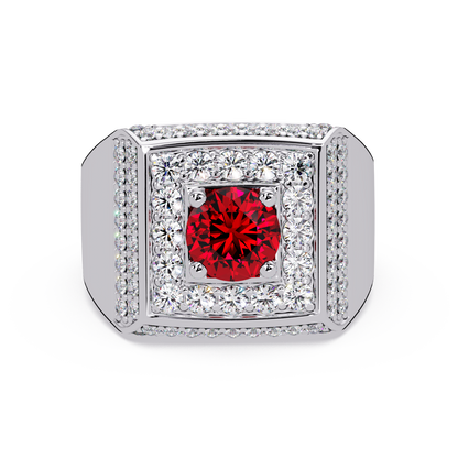 2.0 CTW Round Colorstone Diamond Halo Men's Signet Ring with Ruby Red in White Gold – Lunéa Paris