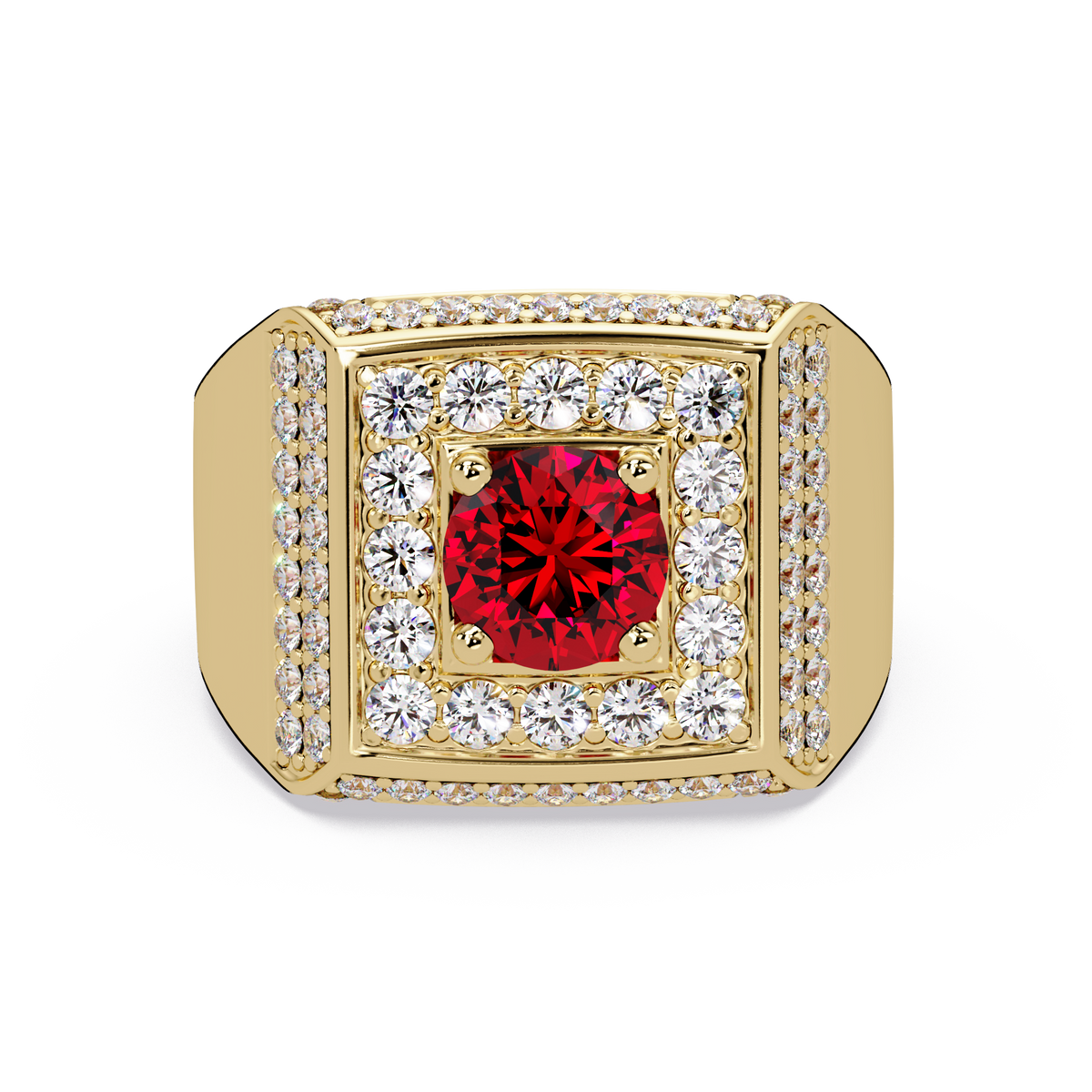 2.0 CTW Round Colorstone Diamond Halo Men's Signet Ring with Ruby Red in Yellow Gold – Lunéa Paris