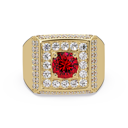 2.0 CTW Round Colorstone Diamond Halo Men's Signet Ring with Ruby Red in Yellow Gold – Lunéa Paris