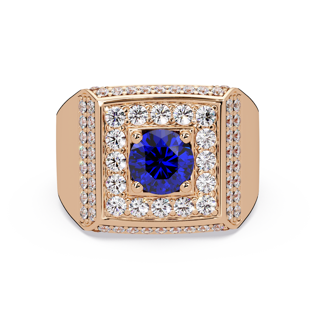 2.0 CTW Round Colorstone Diamond Halo Men's Signet Ring with Sapphire Blue in Rose Gold – Lunéa Paris