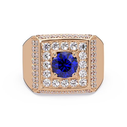 2.0 CTW Round Colorstone Diamond Halo Men's Signet Ring with Sapphire Blue in Rose Gold – Lunéa Paris