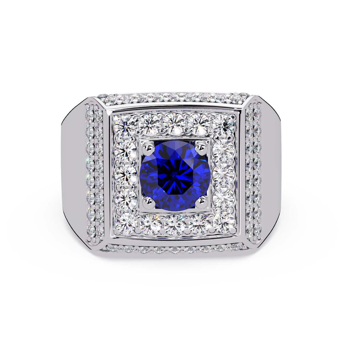 2.0 CTW Round Colorstone Diamond Halo Men's Signet Ring with Sapphire Blue in White Gold – Lunéa Paris
