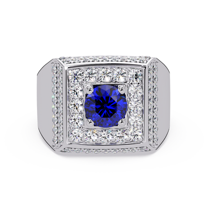 2.0 CTW Round Colorstone Diamond Halo Men's Signet Ring with Sapphire Blue in White Gold – Lunéa Paris