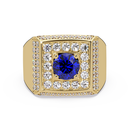 2.0 CTW Round Colorstone Diamond Halo Men's Signet Ring with Sapphire Blue in Yellow Gold – Lunéa Paris
