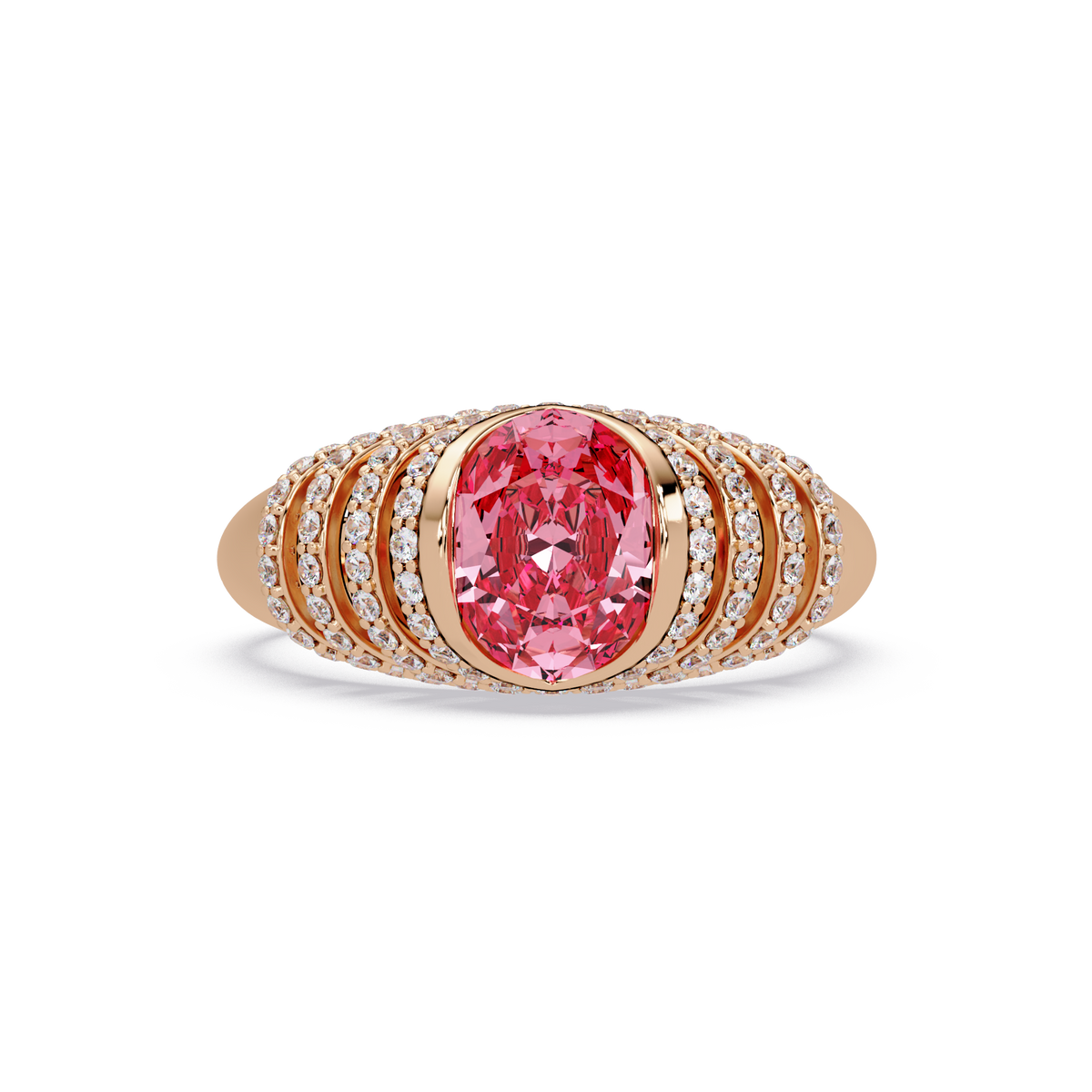 CAD-040 oval bezel multi-row pavé colorstone ring TP 14K Rose Gold