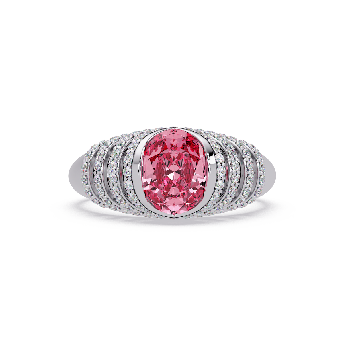 CAD-040 oval bezel multi-row pavé colorstone ring TP 14K White Gold