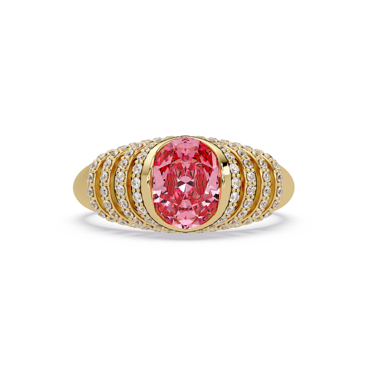 CAD-040 oval bezel multi-row pavé colorstone ring TP 14K Yellow Gold