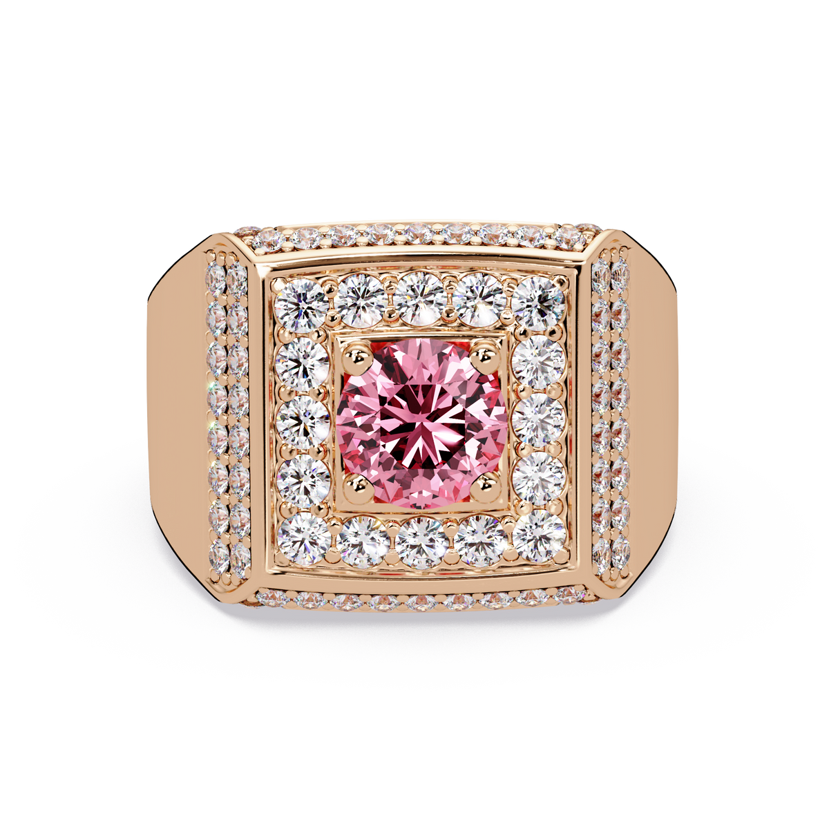 2.0 CTW Round Colorstone Diamond Halo Men's Signet Ring with Tourmaline Pink in Rose Gold – Lunéa Paris